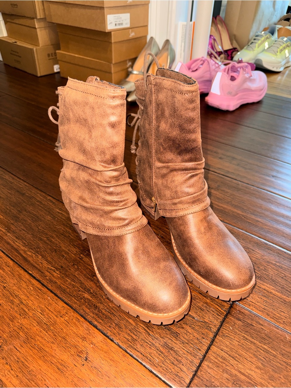Very G Brown Lace-Up Slouchy Mid-Calf Boots